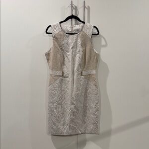 NWT Calvin Klein White & Beige Textured Sheath Midi Dress